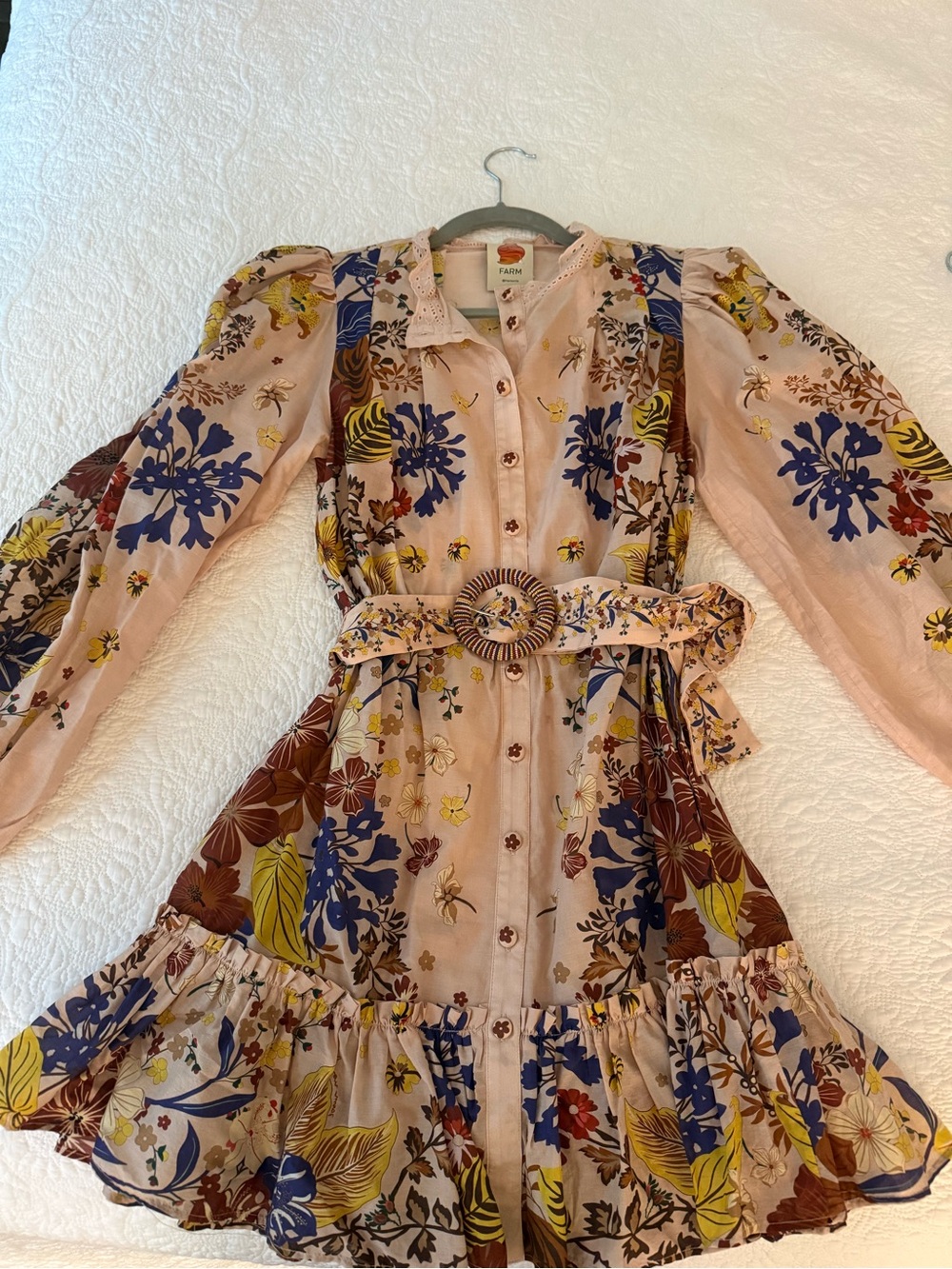 FARM Rio Pink Floral Belted Mini Dress with Blue & Yellow Accents